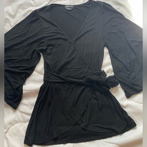 BEBE Black Cross Front Side Tie Top With Bell Sleeves wrap style
